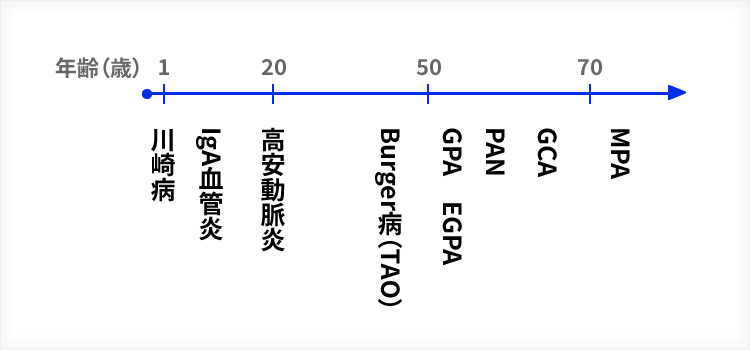 それぞれの血管炎および類縁疾患の特徴